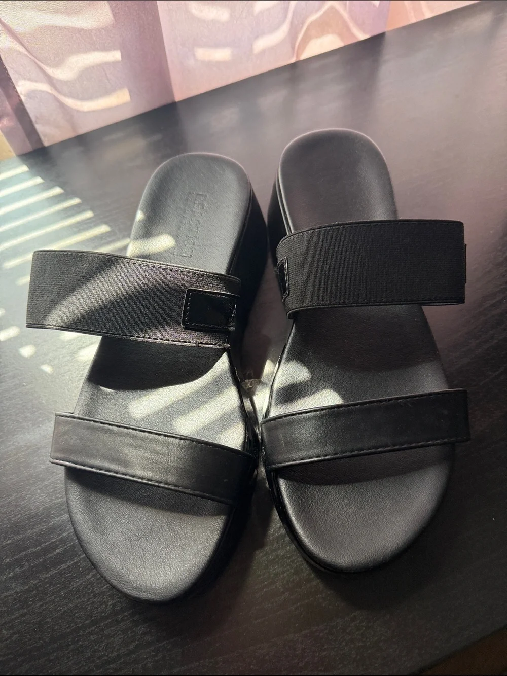 Kenneth Cole Reaction Black Double-Strap Wedge Slide Sandals